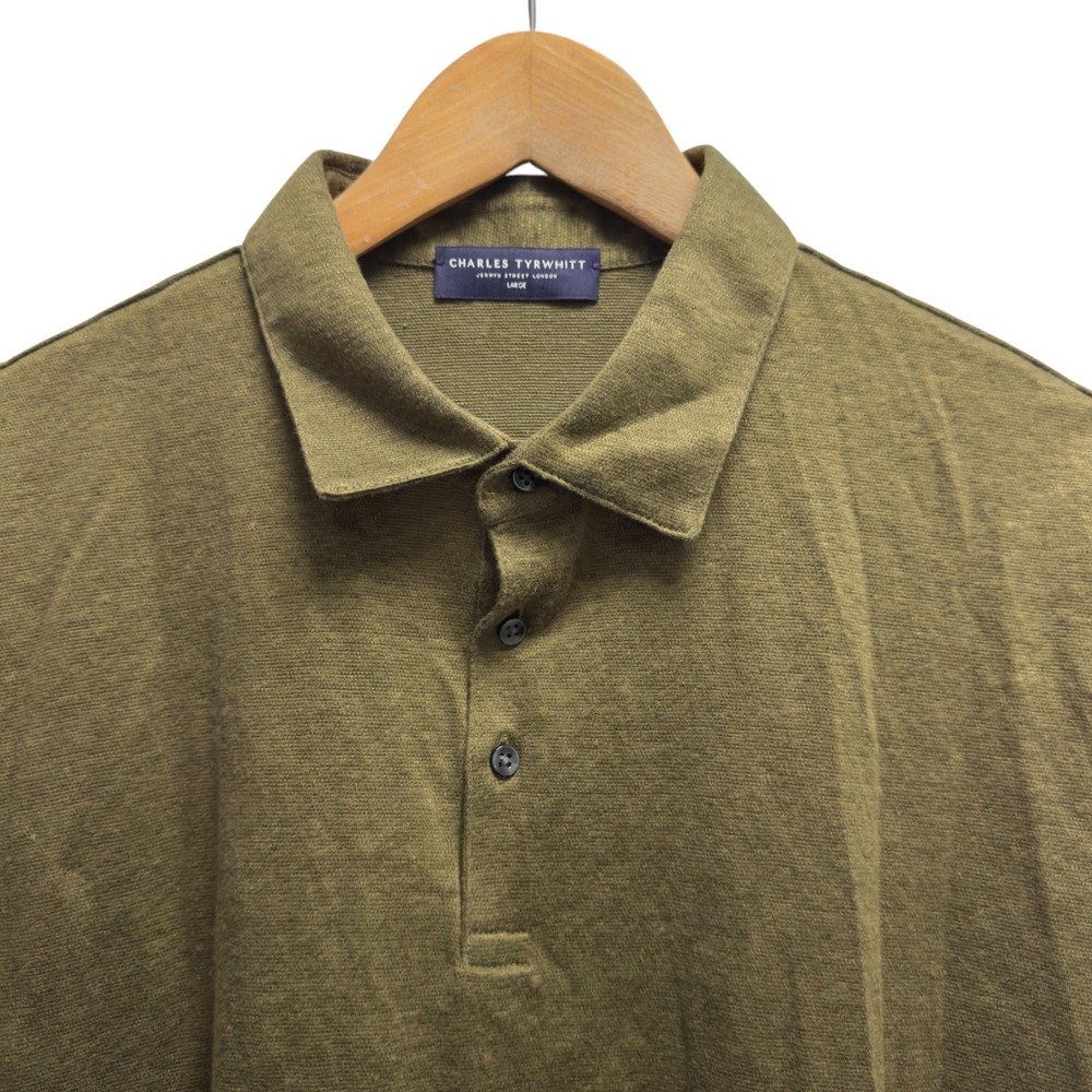 Charles Tyrwhitt Mens Size Large Olive Green 100% Linen Polo Short Sleeve euc